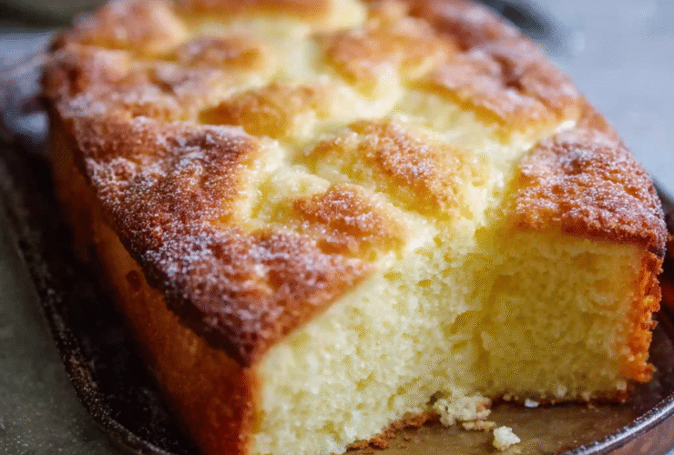 French butter cake on a serving plate with golden crosshatched top, deep amber color, dusting of powdered sugar, slice cut showing dense texture