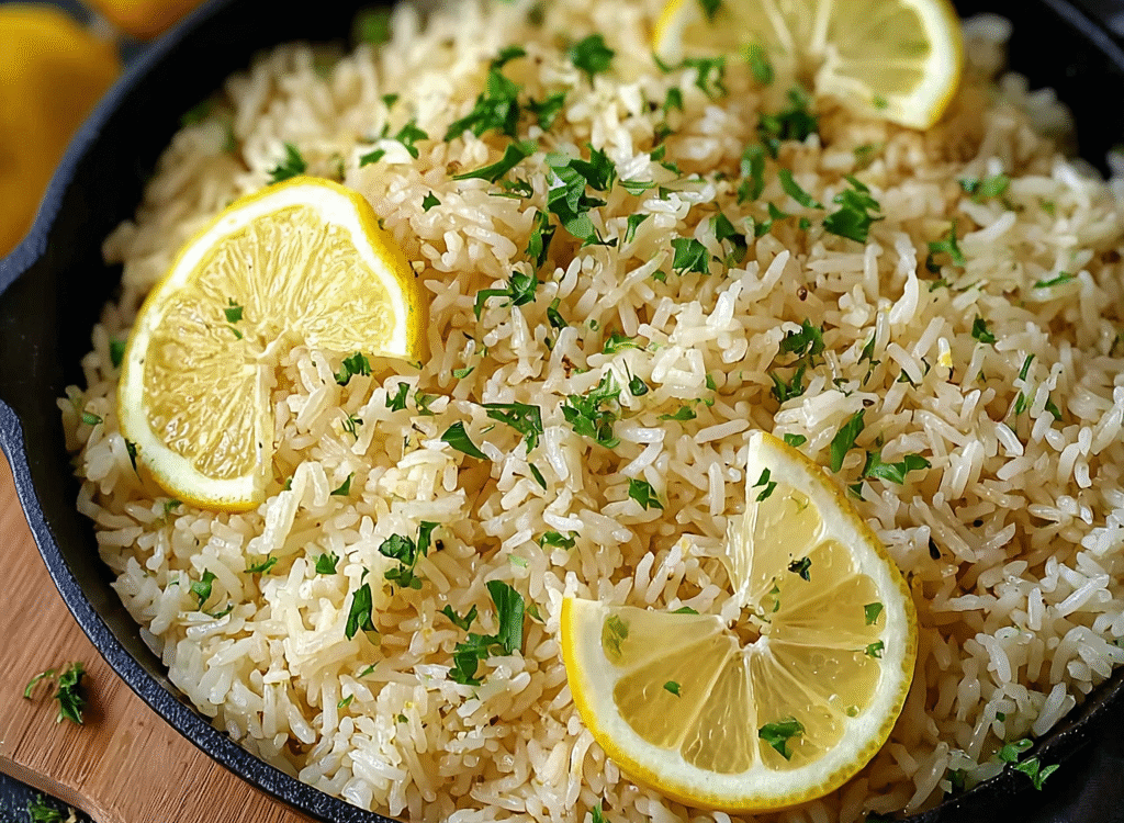Greek lemon rice in a serving bowl with fluffy yellow rice, fresh dill, lemon zest, lemon wedges, olive oil drizzle