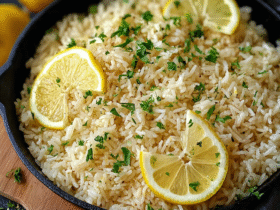 Greek lemon rice in a serving bowl with fluffy yellow rice, fresh dill, lemon zest, lemon wedges, olive oil drizzle