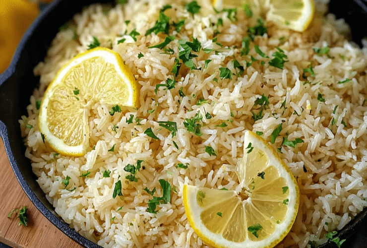 Greek lemon rice in a serving bowl with fluffy yellow rice, fresh dill, lemon zest, lemon wedges, olive oil drizzle