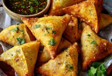 Crispy golden samosas with dipping sauce on a plate, showing flaky pastry triangles filled with spiced potato and peas, served with mint chutney and tamarind sauce