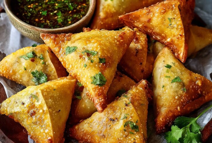 Crispy golden samosas with dipping sauce on a plate, showing flaky pastry triangles filled with spiced potato and peas, served with mint chutney and tamarind sauce