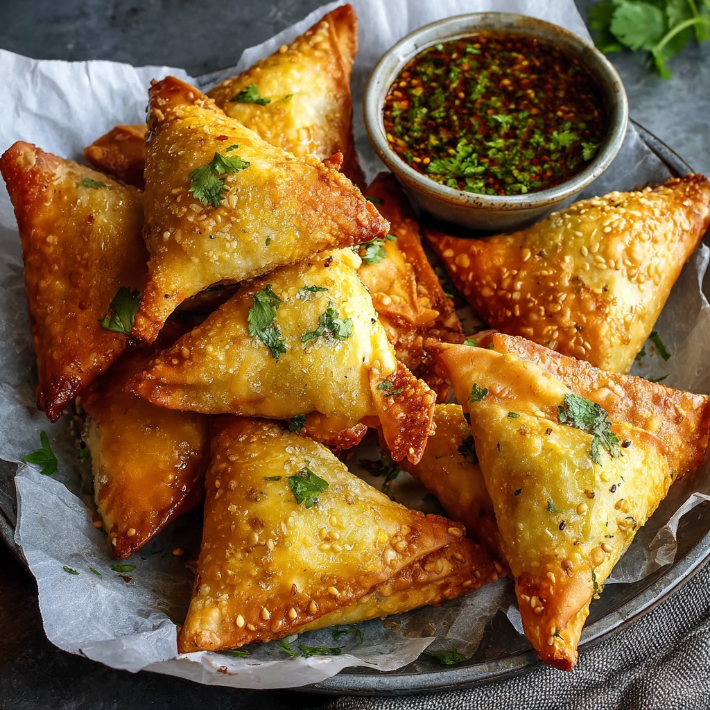 Close-up of one samosa cut open showing fragrant potato-pea filling, crispy fried pastry, mint chutney drizzle, cumin and coriander spices