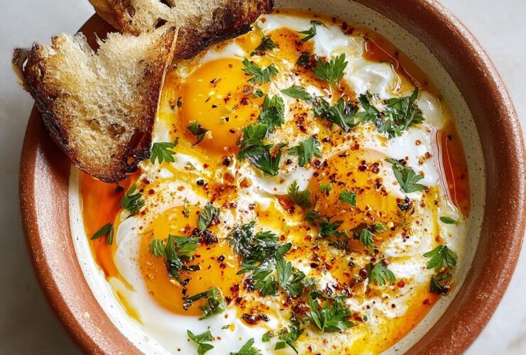 Shakshuka in a cast-iron skillet with poached eggs nestled in chunky tomato sauce, red bell peppers, feta crumbles, fresh parsley, served with toasted bread