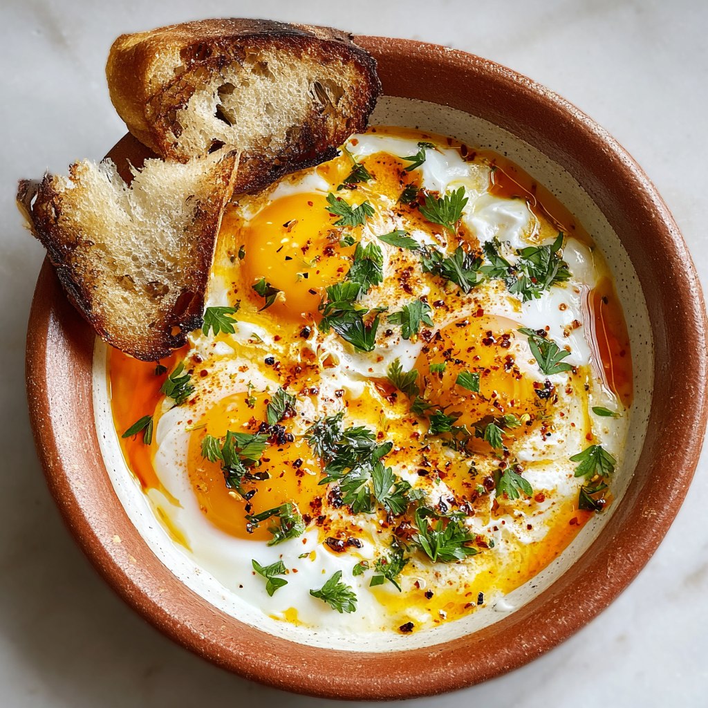 Shakshuka in a cast-iron skillet with poached eggs nestled in chunky tomato sauce, red bell peppers, feta crumbles, fresh parsley, served with toasted bread