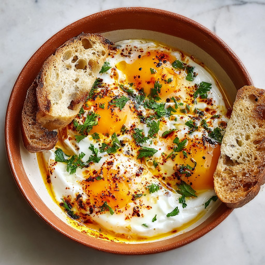Close-up of shakshuka showing runny egg yolk over spiced tomato base, melted feta pockets, paprika, fresh herbs, toasted bread slice for dipping
