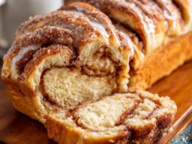 Cinnamon roll bread loaf cut to show soft swirled interior with cinnamon-sugar pattern, cream cheese glaze drizzled on top, golden crust