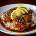 Lemon garlic chicken over rice in a serving bowl with golden seared chicken breast slices, fluffy yellow rice, fresh lemon slices, parsley, herbs