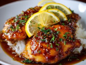 Lemon garlic chicken over rice in a serving bowl with golden seared chicken breast slices, fluffy yellow rice, fresh lemon slices, parsley, herbs