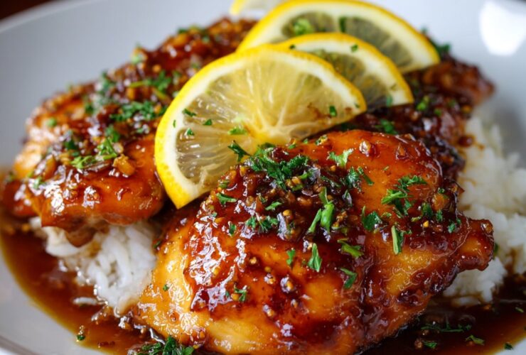 Lemon garlic chicken over rice in a serving bowl with golden seared chicken breast slices, fluffy yellow rice, fresh lemon slices, parsley, herbs
