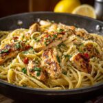 Chicken linguine alfredo in a white bowl with golden chicken slices, creamy white sauce, freshly cracked pepper, parsley, parmesan