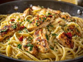 Chicken linguine alfredo in a white bowl with golden chicken slices, creamy white sauce, freshly cracked pepper, parsley, parmesan