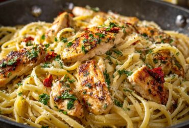 Chicken linguine alfredo in a white bowl with golden chicken slices, creamy white sauce, freshly cracked pepper, parsley, parmesan