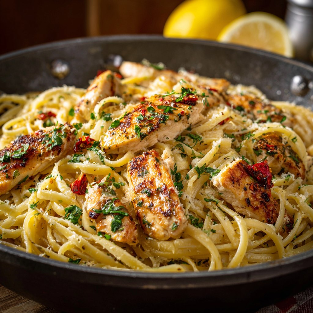 Chicken linguine alfredo in a white bowl with golden chicken slices, creamy white sauce, freshly cracked pepper, parsley, parmesan