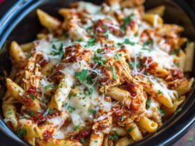 Cheesy chicken pasta bake in a baking dish with golden bubbly cheese top, visible chunks of chicken and pasta in creamy tomato sauce, fresh herbs