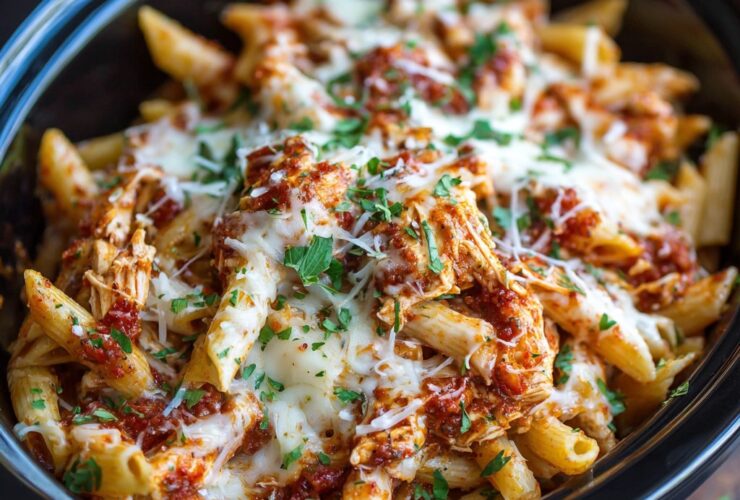Cheesy chicken pasta bake in a baking dish with golden bubbly cheese top, visible chunks of chicken and pasta in creamy tomato sauce, fresh herbs