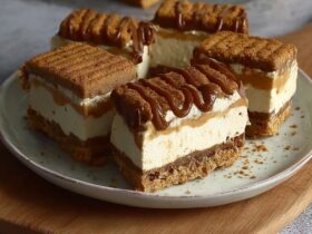 Ice cream sandwich cake on a serving plate with stacked ice cream sandwiches, layers of cool whip, chocolate sauce drizzle, sprinkles, cherries