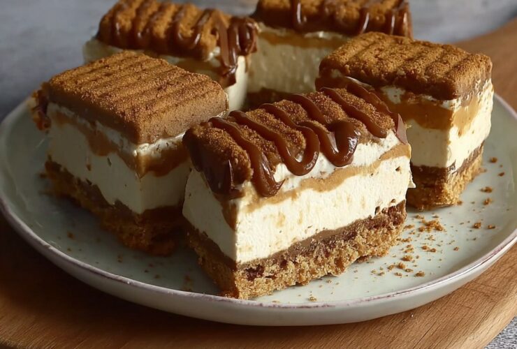 Ice cream sandwich cake on a serving plate with stacked ice cream sandwiches, layers of cool whip, chocolate sauce drizzle, sprinkles, cherries