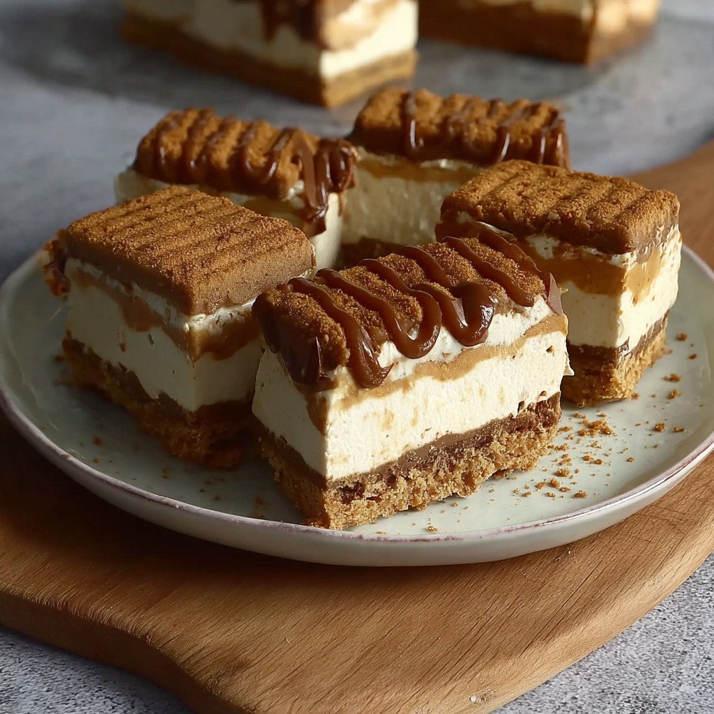 Ice cream sandwich cake on a serving plate with stacked ice cream sandwiches, layers of cool whip, chocolate sauce drizzle, sprinkles, cherries