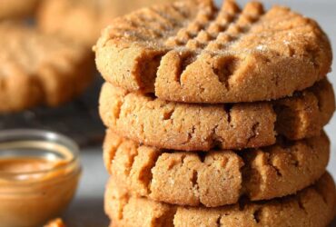 Peanut butter cookies on a wooden board with classic crosshatch fork pattern on top, golden edges, soft chewy centers, sea salt sprinkle
