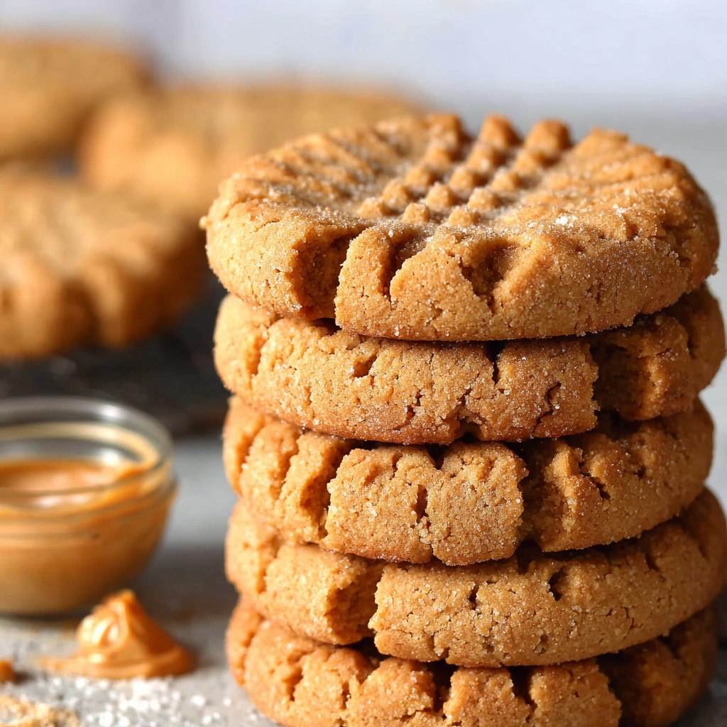 Peanut butter cookies on a wooden board with classic crosshatch fork pattern on top, golden edges, soft chewy centers, sea salt sprinkle
