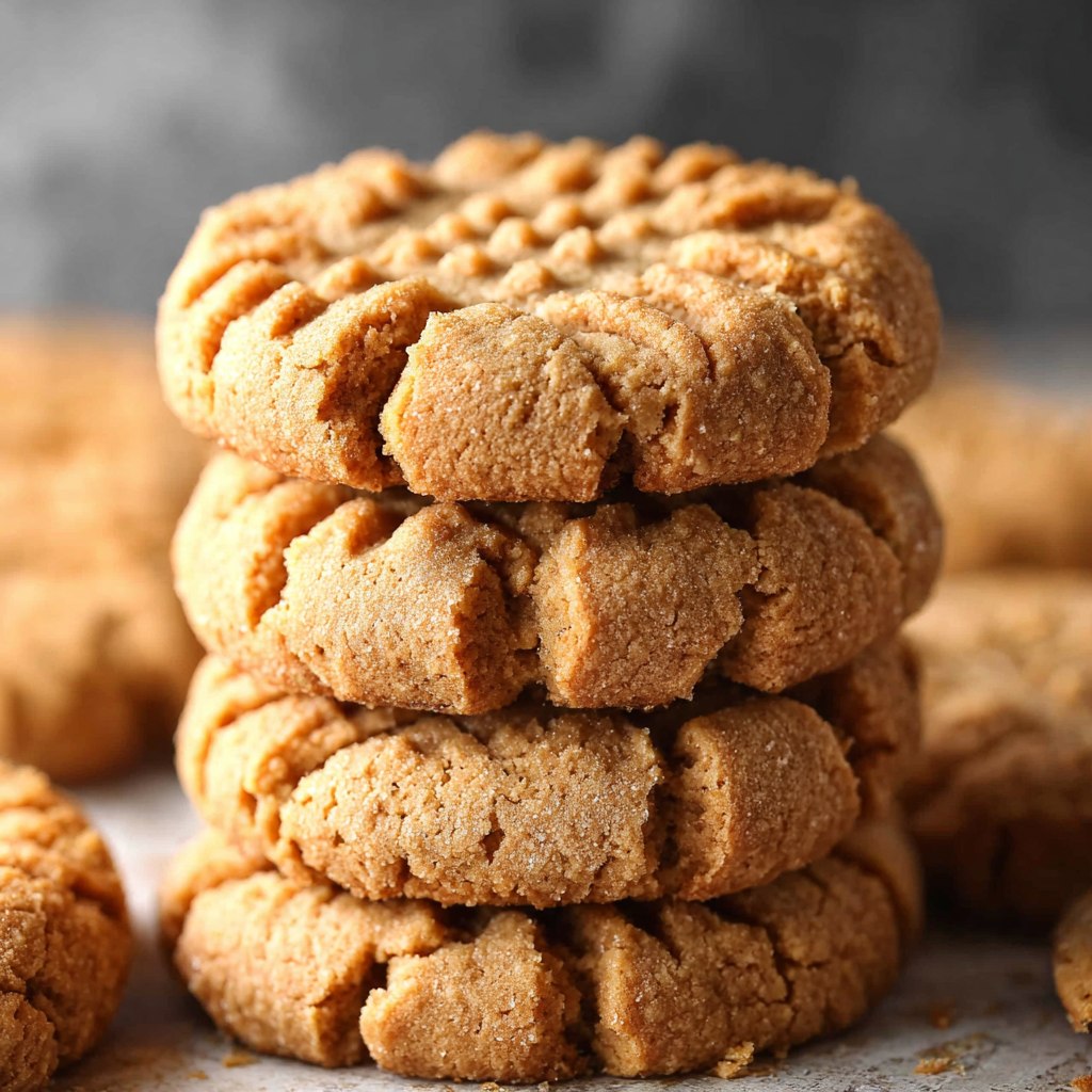 Close-up of one peanut butter cookie showing crackled top, fork crosshatch pattern, soft tender crumb, granulated sugar coating