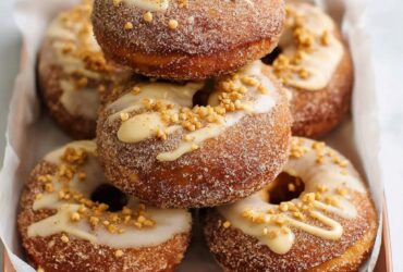 Cinnamon sugar donuts on a wooden plate showing golden baked donuts coated in cinnamon sugar, soft cake-style texture, perfect ring shape