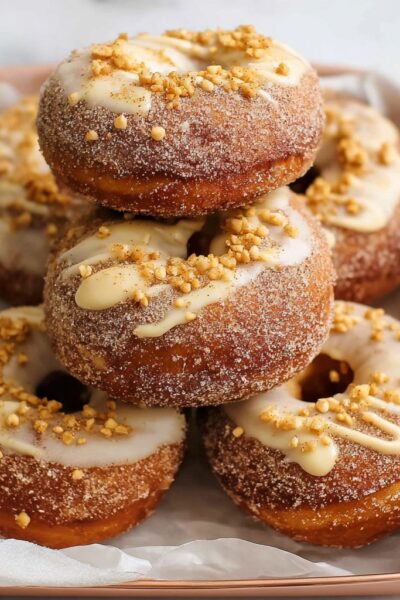 Cinnamon sugar donuts on a wooden plate showing golden baked donuts coated in cinnamon sugar, soft cake-style texture, perfect ring shape
