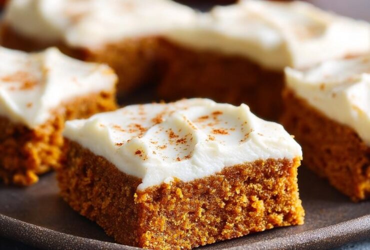 Pumpkin bars with cream cheese frosting cut into squares on a wooden board, moist orange pumpkin cake with thick white frosting, cinnamon dust on top