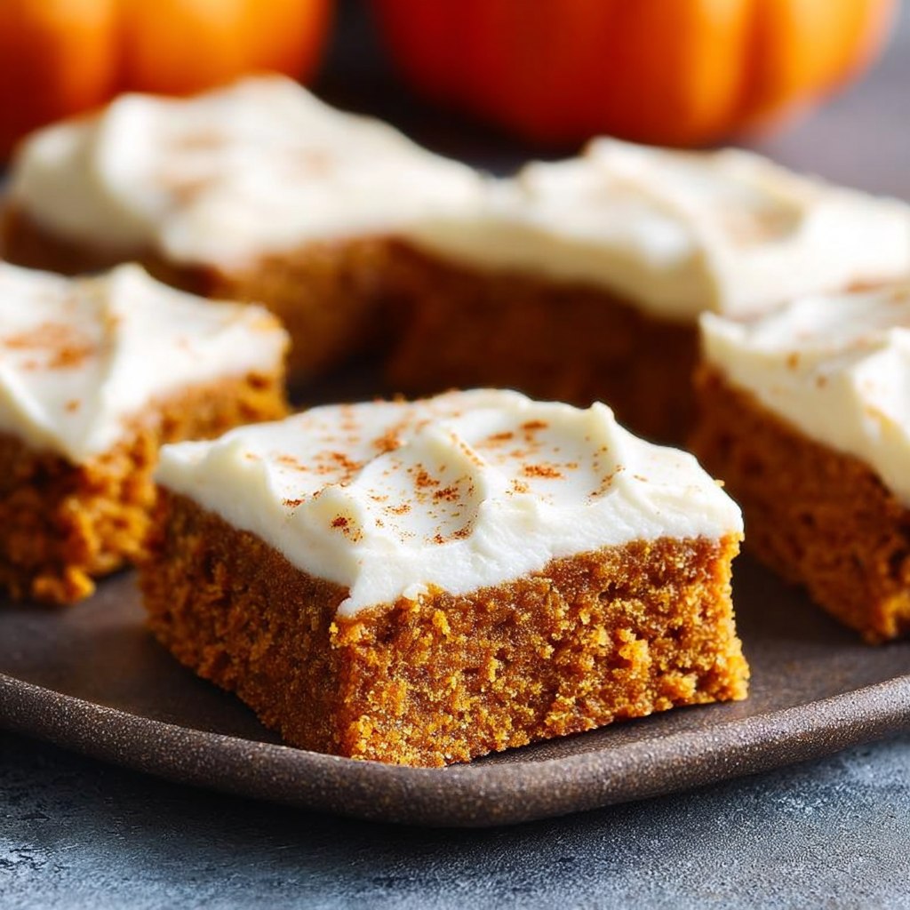 Pumpkin bars with cream cheese frosting cut into squares on a wooden board, moist orange pumpkin cake with thick white frosting, cinnamon dust on top