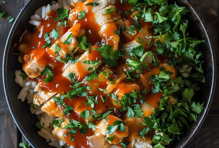 Chicken rice bowl with seasoned diced chicken over fluffy white rice, colorful sautéed vegetables, drizzled sauce, scallions and sesame seeds on top