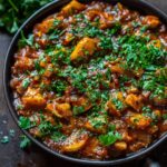Vegetable curry with fresh cilantro in a serving bowl with chunks of potato, cauliflower, peas, carrots, bell peppers in golden coconut-tomato sauce, cilantro garnish