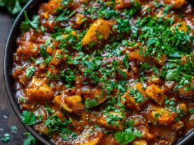 Vegetable curry with fresh cilantro in a serving bowl with chunks of potato, cauliflower, peas, carrots, bell peppers in golden coconut-tomato sauce, cilantro garnish