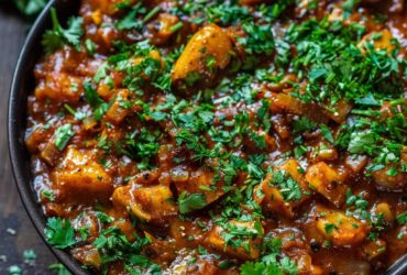 Vegetable curry with fresh cilantro in a serving bowl with chunks of potato, cauliflower, peas, carrots, bell peppers in golden coconut-tomato sauce, cilantro garnish