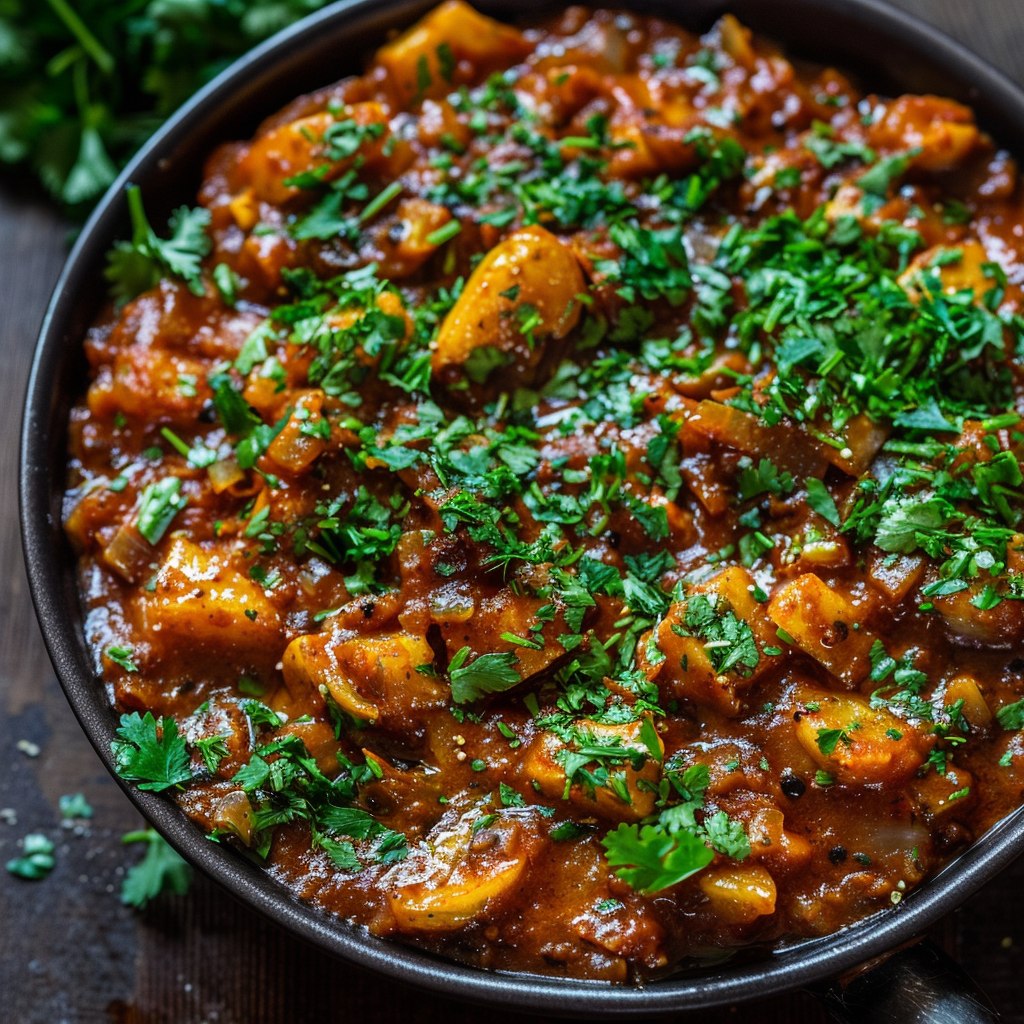 Vegetable curry with fresh cilantro in a serving bowl with chunks of potato, cauliflower, peas, carrots, bell peppers in golden coconut-tomato sauce, cilantro garnish