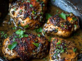 Poppy seed chicken thighs in a baking dish with golden buttery cracker topping speckled with poppy seeds, creamy sauce visible underneath, tender chicken