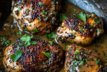 Poppy seed chicken thighs in a baking dish with golden buttery cracker topping speckled with poppy seeds, creamy sauce visible underneath, tender chicken