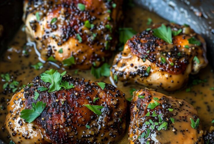 Poppy seed chicken thighs in a baking dish with golden buttery cracker topping speckled with poppy seeds, creamy sauce visible underneath, tender chicken