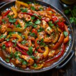 Chicken fajitas on a sizzling cast-iron platter with strips of seasoned chicken, charred bell peppers in red yellow green, caramelized onions, warm tortillas