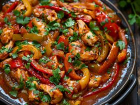 Chicken fajitas on a sizzling cast-iron platter with strips of seasoned chicken, charred bell peppers in red yellow green, caramelized onions, warm tortillas