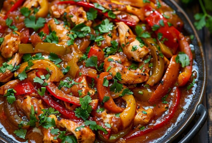 Chicken fajitas on a sizzling cast-iron platter with strips of seasoned chicken, charred bell peppers in red yellow green, caramelized onions, warm tortillas