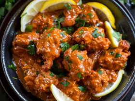 Butter chicken in a serving bowl with tender chicken pieces in rich orange-red creamy tomato sauce, swirl of cream, fresh cilantro garnish, served with basmati rice