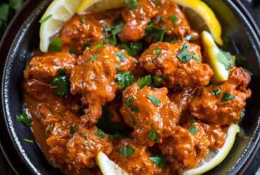 Butter chicken in a serving bowl with tender chicken pieces in rich orange-red creamy tomato sauce, swirl of cream, fresh cilantro garnish, served with basmati rice