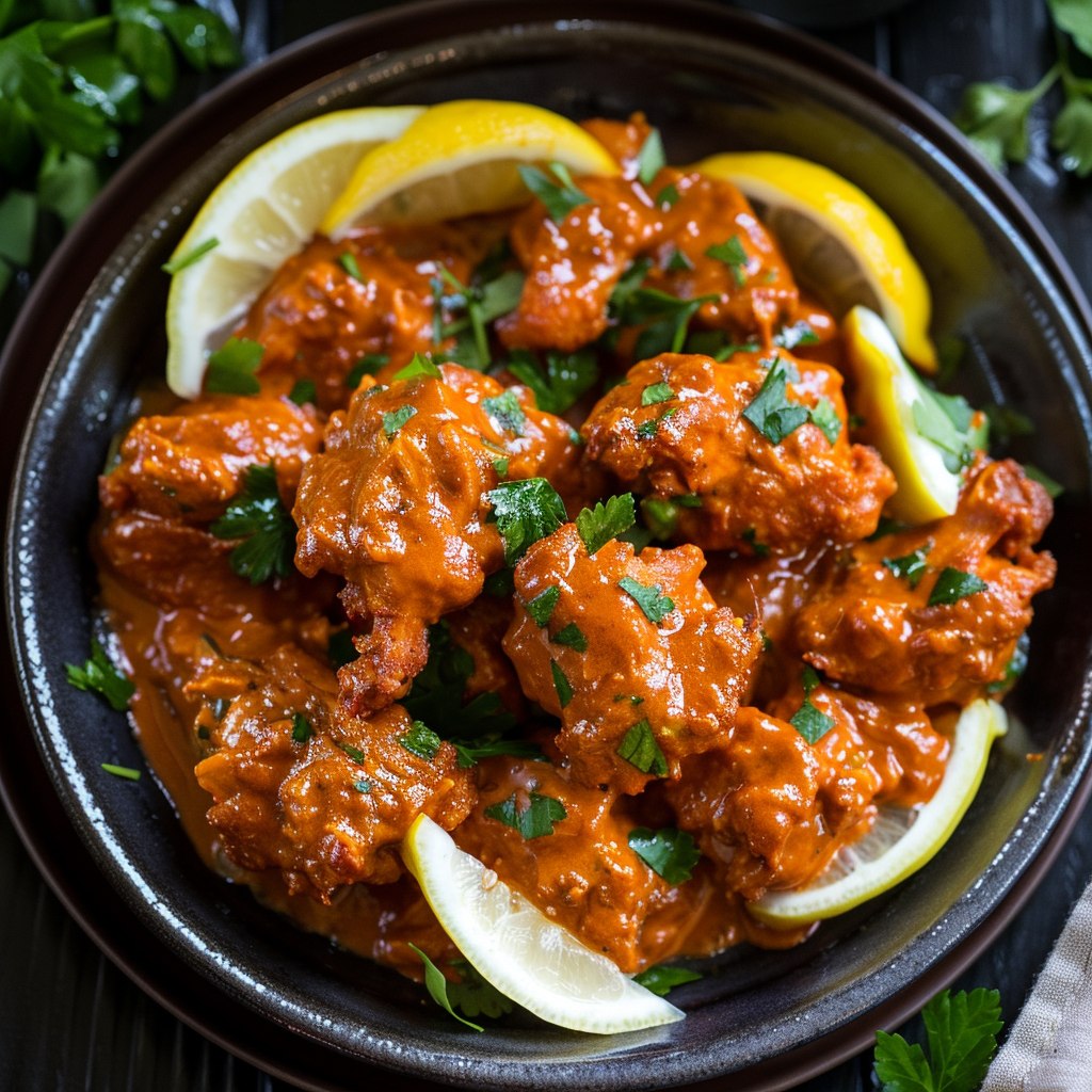 Butter chicken in a serving bowl with tender chicken pieces in rich orange-red creamy tomato sauce, swirl of cream, fresh cilantro garnish, served with basmati rice