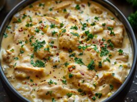 Creamy chicken and dumplings in a Dutch oven with shredded chicken, fluffy white biscuit dumplings, carrots, celery, peas in rich creamy broth, parsley