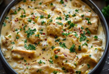 Creamy chicken and dumplings in a Dutch oven with shredded chicken, fluffy white biscuit dumplings, carrots, celery, peas in rich creamy broth, parsley