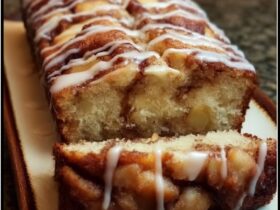Cinnamon roll bread with icing on a wooden board, sliced loaf revealing soft cinnamon-sugar swirl, generous white vanilla icing drizzled across the top