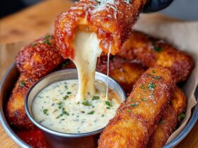 Cheesy mozzarella sticks with marinara on a plate showing crispy golden panko-breaded sticks with stretchy melted mozzarella, side of red marinara sauce, fresh basil