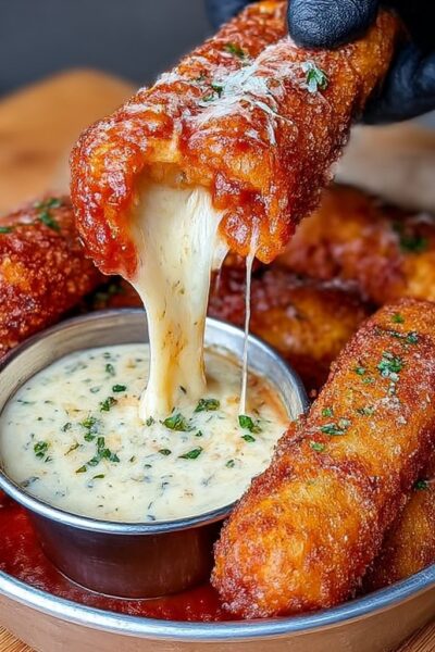 Cheesy mozzarella sticks with marinara on a plate showing crispy golden panko-breaded sticks with stretchy melted mozzarella, side of red marinara sauce, fresh basil