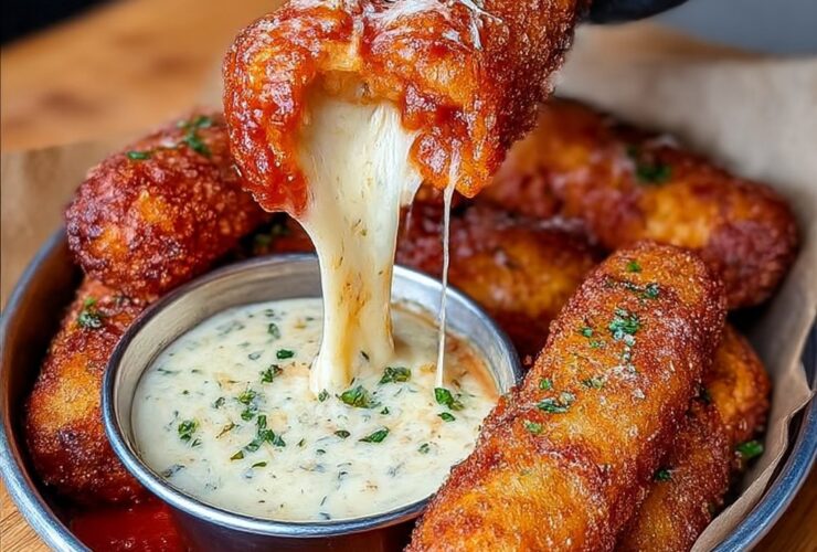 Cheesy mozzarella sticks with marinara on a plate showing crispy golden panko-breaded sticks with stretchy melted mozzarella, side of red marinara sauce, fresh basil